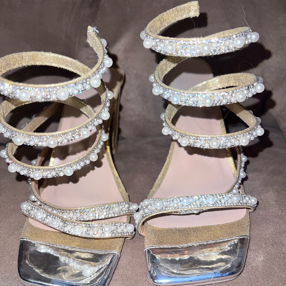 Gold Beaded Spiral-Strap Women's Heels
